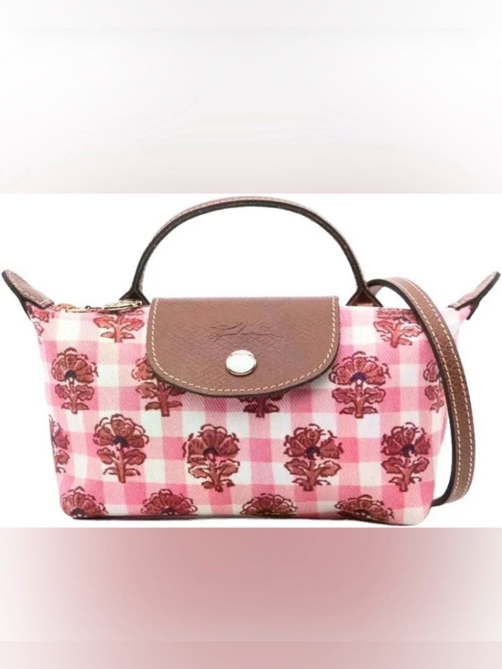 ISO Longchamp Le Pliage XS pouch in blush (pink floral gingham)